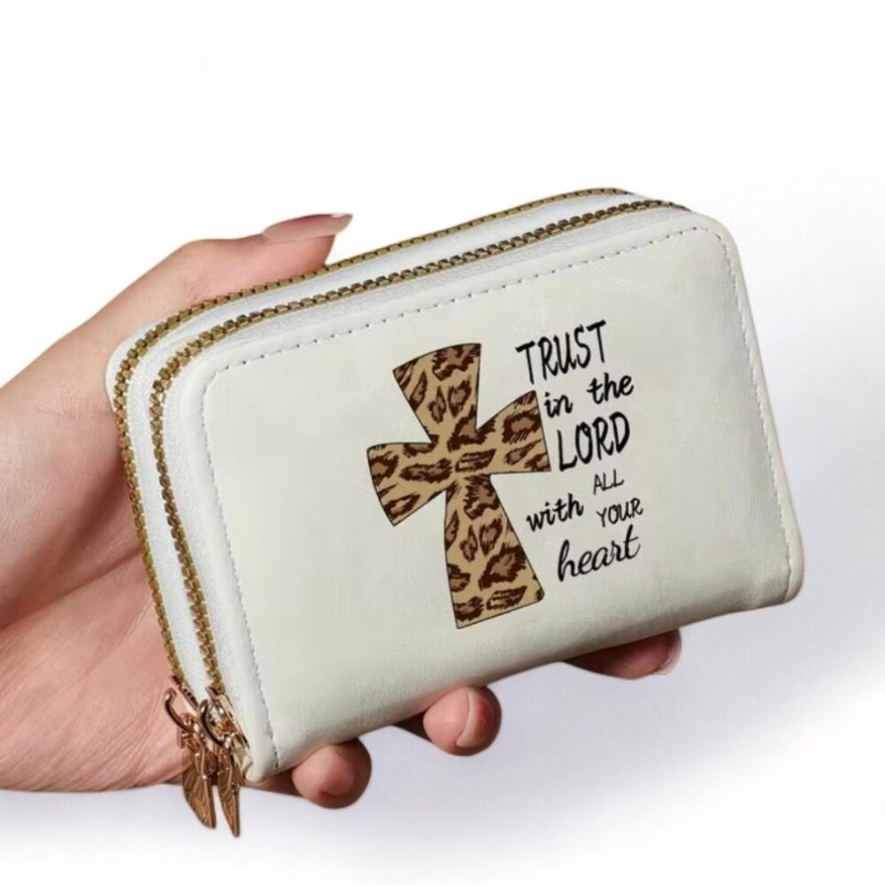 NEW - LEOPARD CROSS - FAUX LEATHER -TRUST IN THE LORD - ZIPPERED WALLET - WHITE - Picture 2 of 4